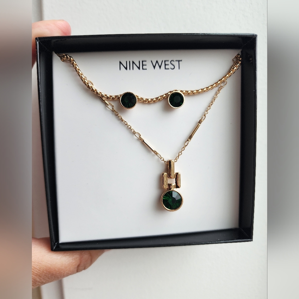 Nine West Double Chain Gold and Green Jewelry Earring Set